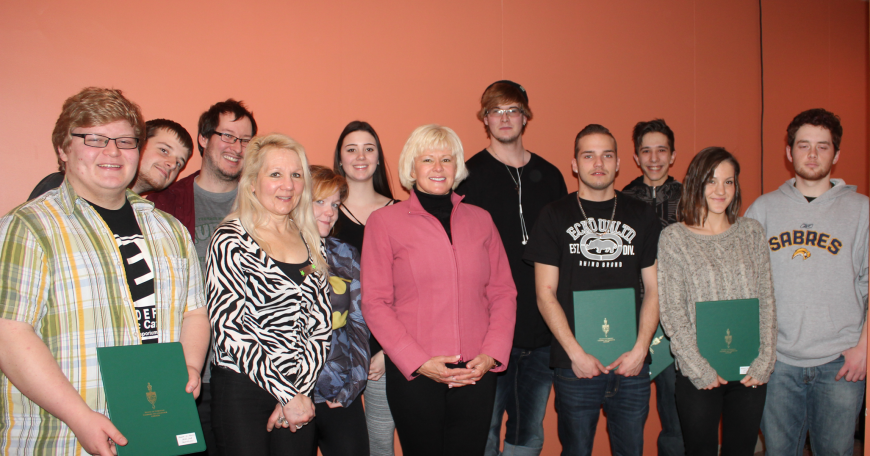 Congratulations to Pembroke Skills Link Graduates Pictured (L-R): Adam St. Pierre, Kyle Pelletier, John Black, Skills Line Program Coordinator Sharon Leskinen, Stephanie Ryan, Olivia Davidson, MP Cheryl Gallant, Austin Taylor, Nick Fortin, Joshua Lagace, Megan Lamarche, and Thomas Mackay